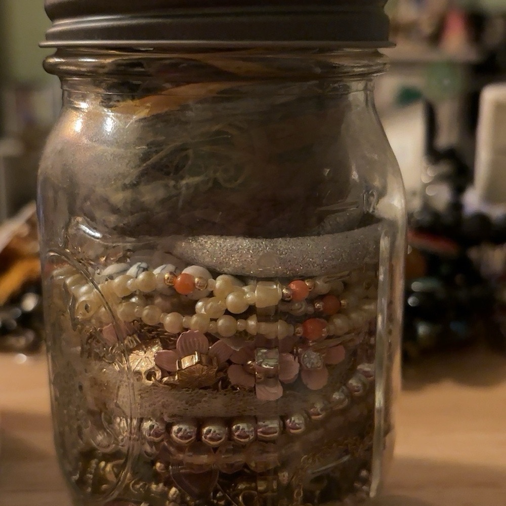 Mixed Costume Jewelry in Decorative Glass Jar - Gold Tones & Accents - Picture 5 of 8